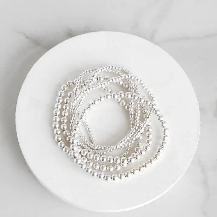 Multi Size Beaded Bracelet Stack/6 Bracelets/Silver Tone