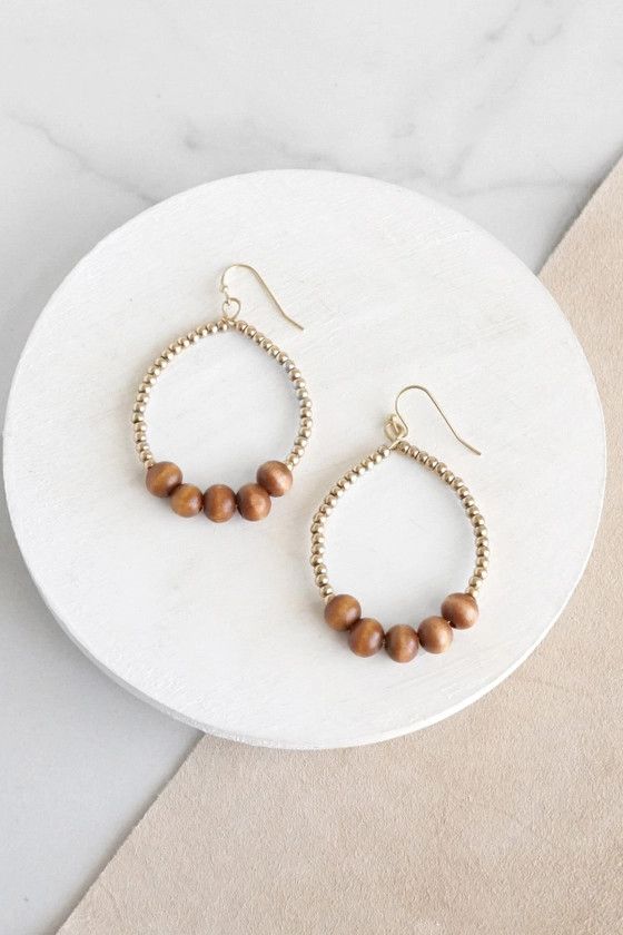 Natural Wood &amp; Gold Beaded Teardrop Earrings/Brown