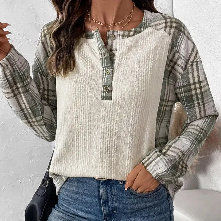Textured Plaid Two Tone Henley Top