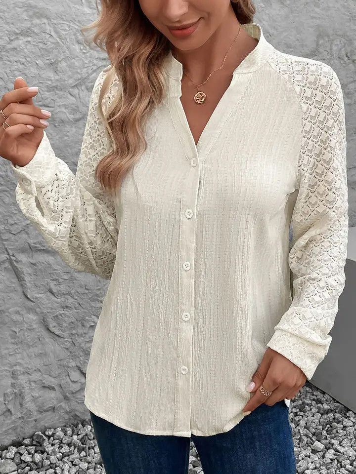 Button Down Blouse, Textured Sleeves