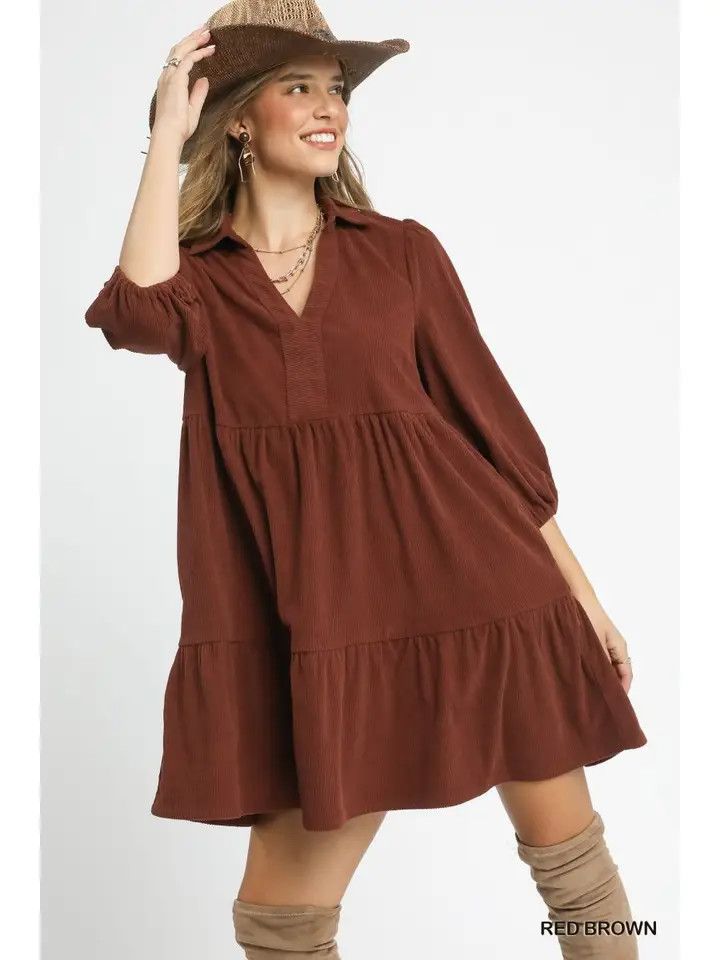 Tiered Corduroy Mini Dress w/ Balloon Sleeves
