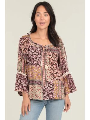 Patchwork Print Bell Sleeve Crochet Lace Trim Top