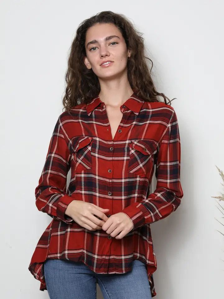 Plaid Button Front Hi Lo Lace Up Back Shirt
