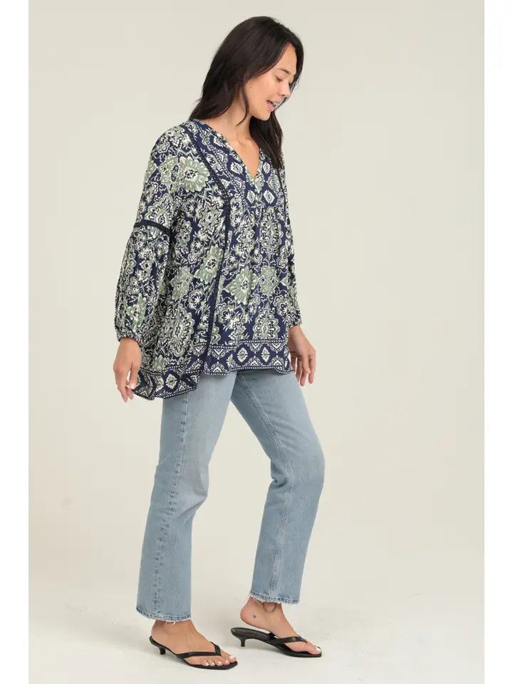 Printed Long Sleeve Lace Trim Tunic Top
