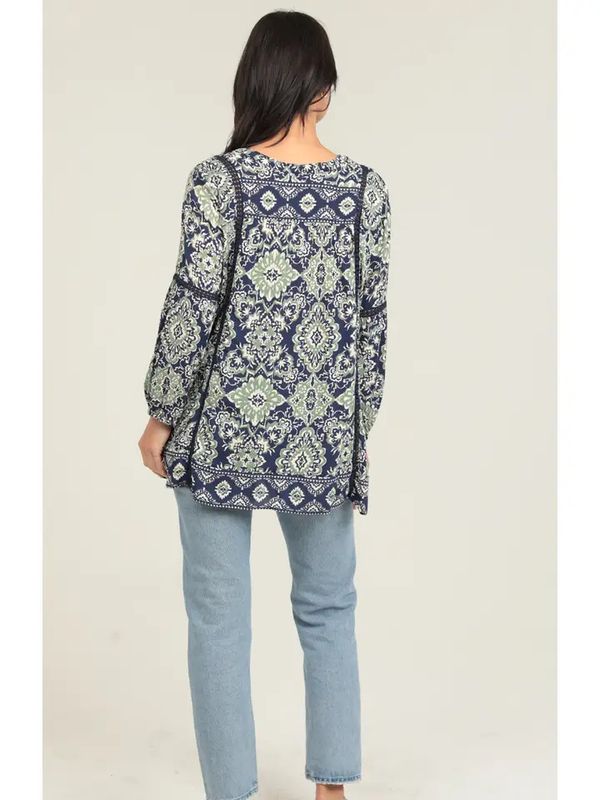 Printed Long Sleeve Lace Trim Tunic Top