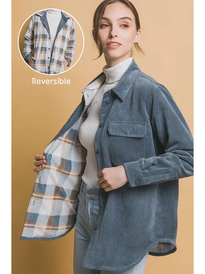 Corduroy Reversible Button Down Jacket, Color: Bluestone, Size: S