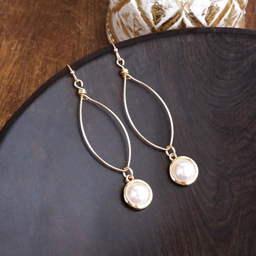 Golden Wire Drops with Bezel Pearl