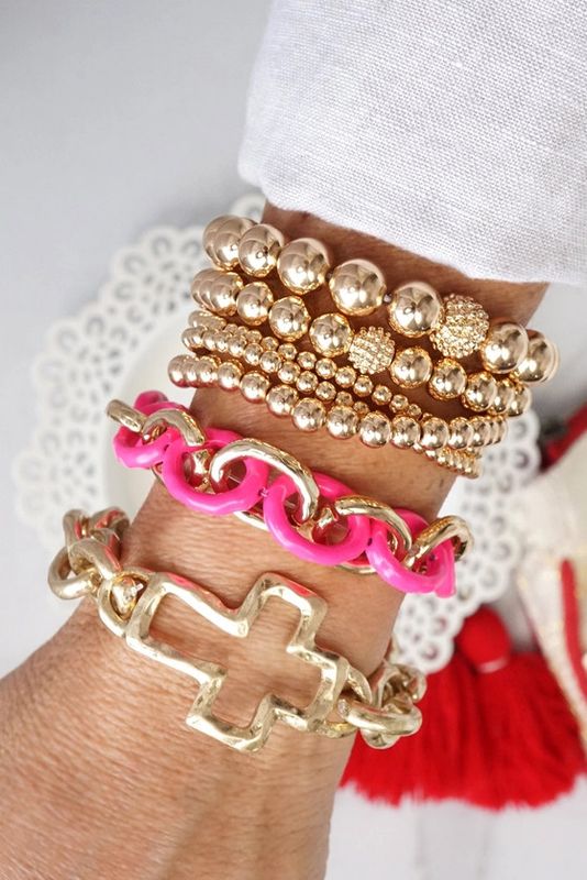 Multi Size Ball Beaded Bracelet Stack Gold Tone Bracelet Set