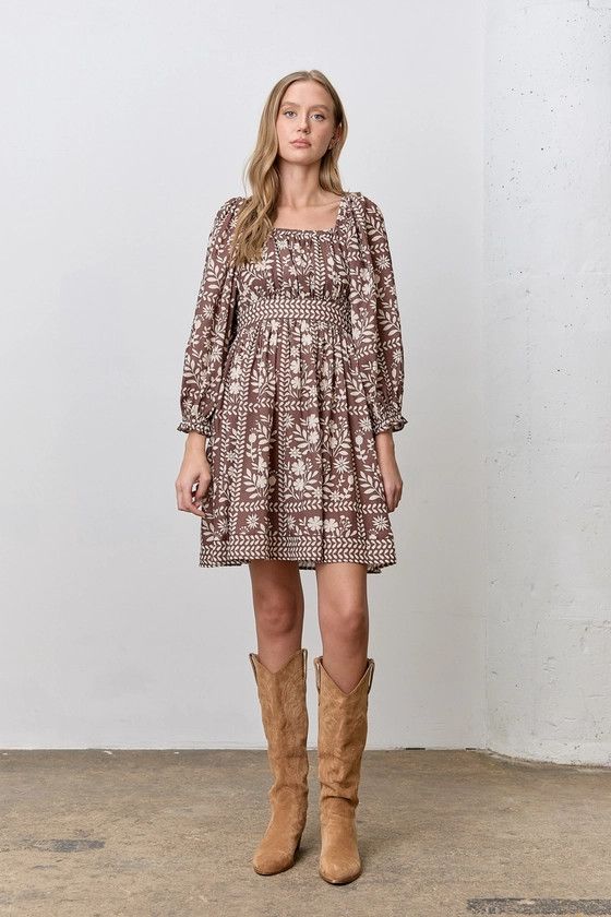 Border Floral Square Neck Mini Dress