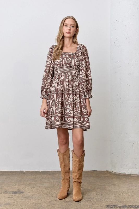 Border Floral Square Neck Mini Dress