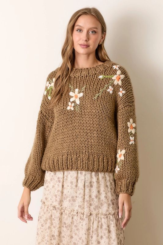 Embroidered Flower Print Knit Sweater