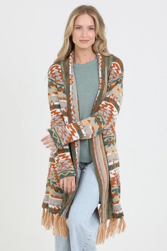Fringe Hem Aztec Cardigan Sweater