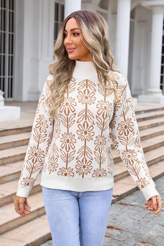 Flower Vine Mock Neck Soft Knit Sweater
