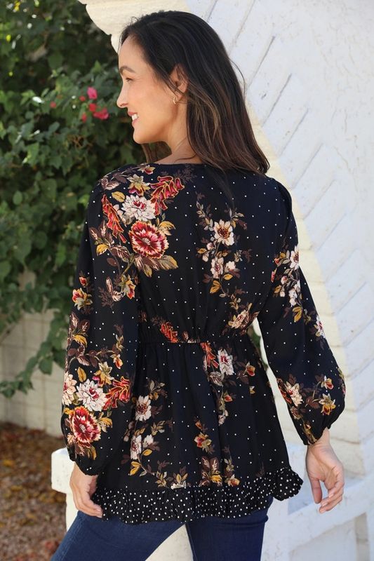 V Neck Twist Front Blouse, Black Floral Print