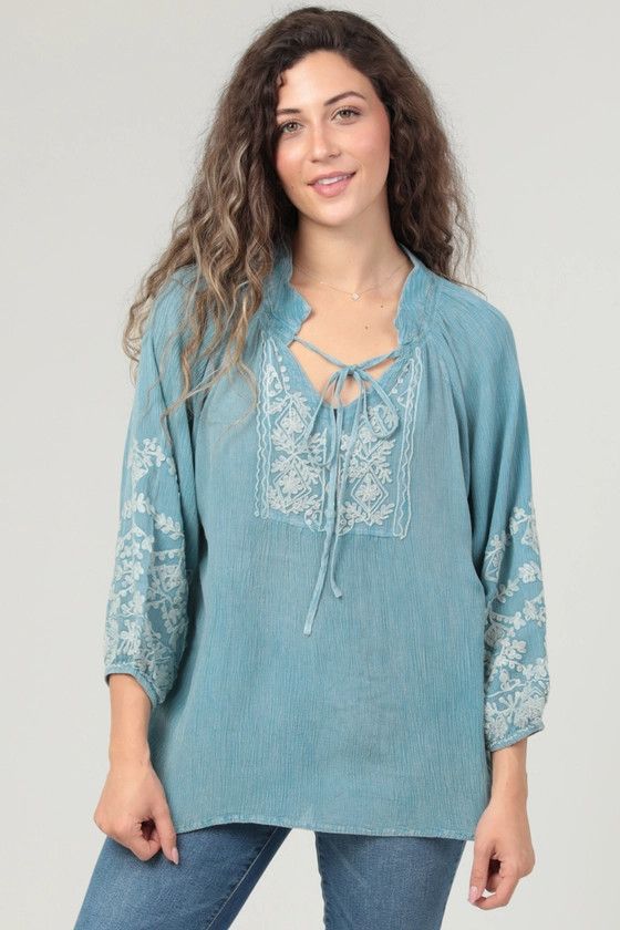 Embroidered Blouse, Sky Blue, Floral Print
