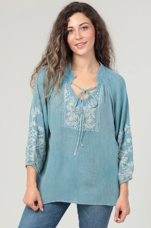 Embroidered Blouse, Sky Blue, Floral Print