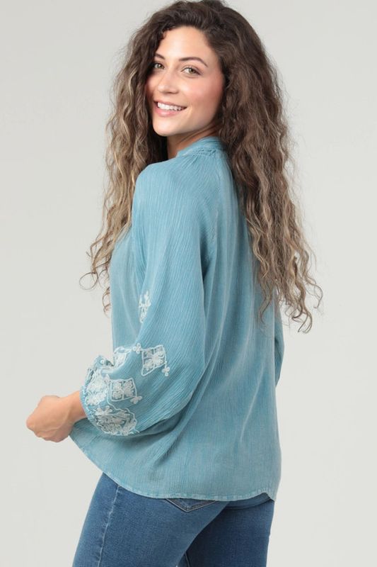 Embroidered Blouse, Sky Blue, Floral Print