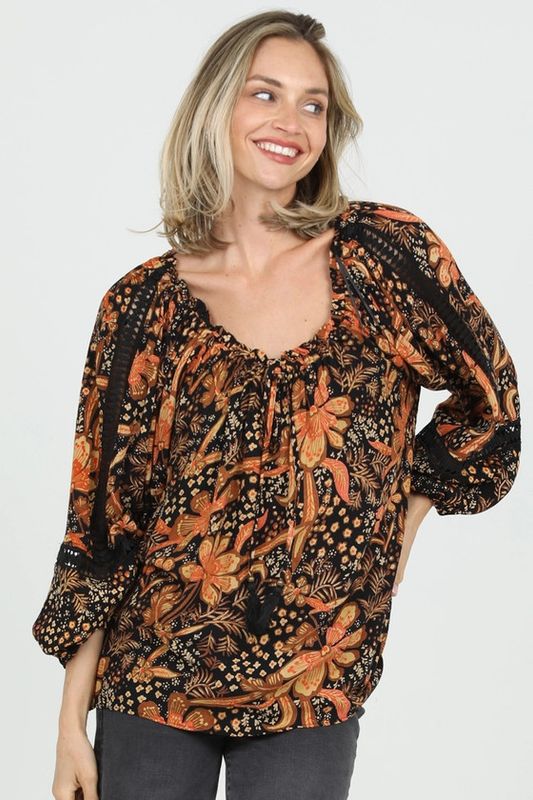Lace Trim Blouse, Fall Floral Print