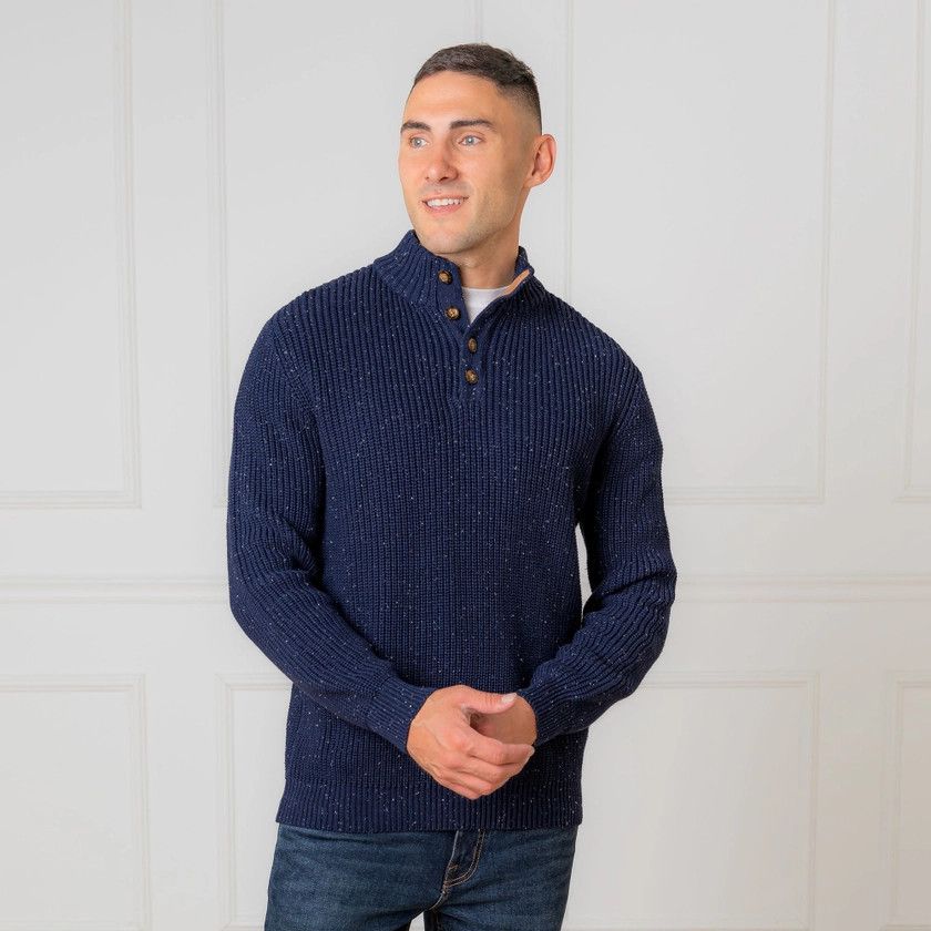 Organic Mock Neck Sweater, Navy Fleck