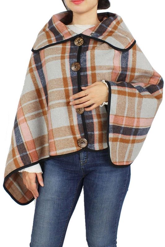 Plaid Poncho w/ Coconut Button