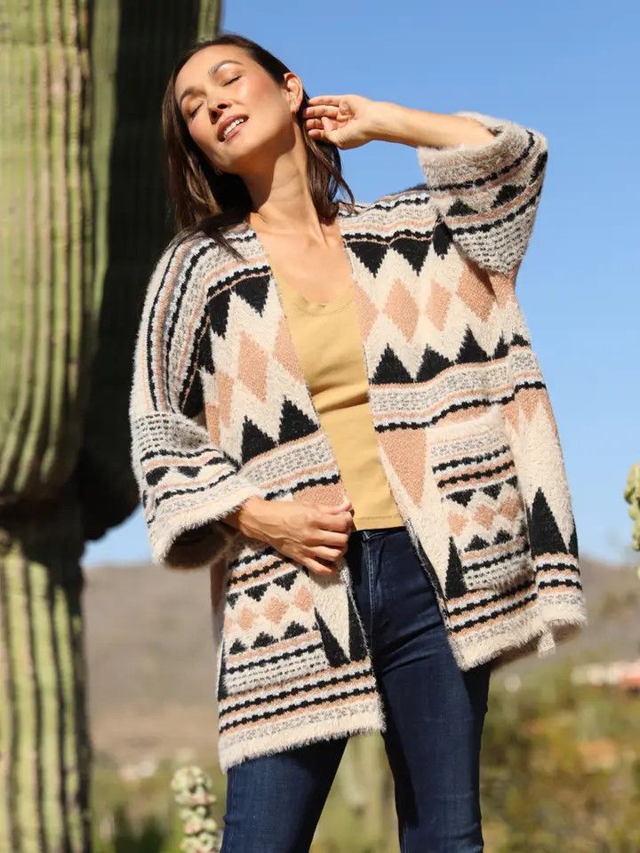 Aztec Geometric Super Soft Fuzzy Cardigan Sweater, OS