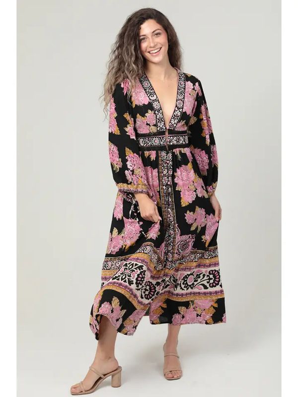 V Neck Lace Trim Button Front Maxi Dress