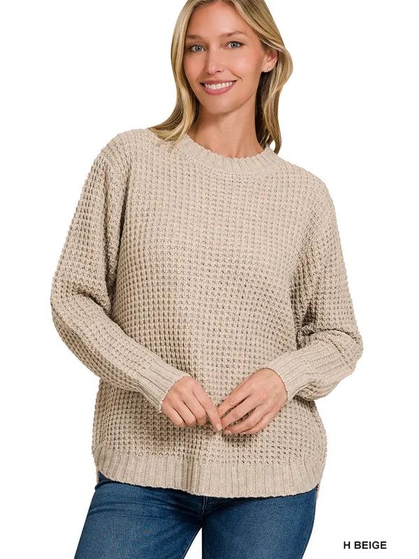 Hi-Low Long Sleeve Round Neck Waffle Sweater