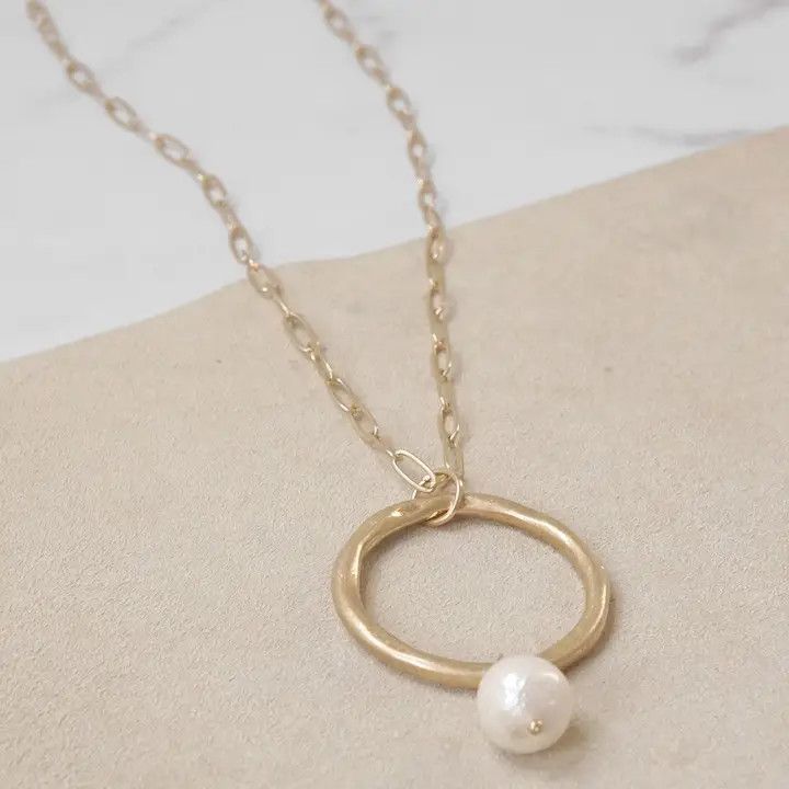 Minimalist Long Boho Gold Necklace w/ Ring and Pearl