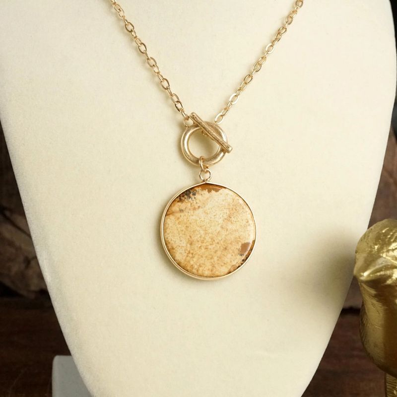 Semi-Precious Disc Pendant Front Toggle Chain Necklace