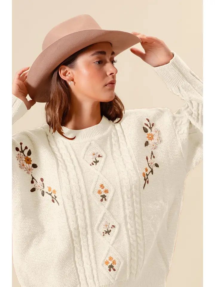Embroidered Flower Cable Knitted Sweater Top