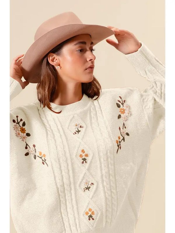 Embroidered Flower Cable Knitted Sweater Top