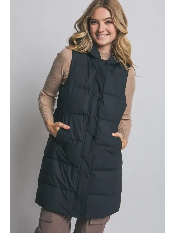 Hooded Long Quilted Puffer Vest, Color: Black, Size: S
