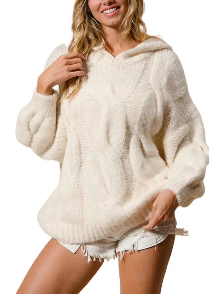 Large Cable Knit Texture Hoodie Sweater, Ivory