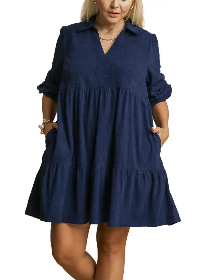 Tiered Corduroy Mini Dress w/ Balloon Sleeves