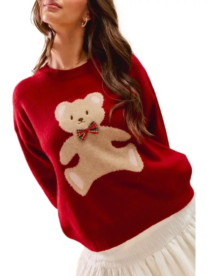 Teddy Bear w/Check Ribbon Christmas Sweater