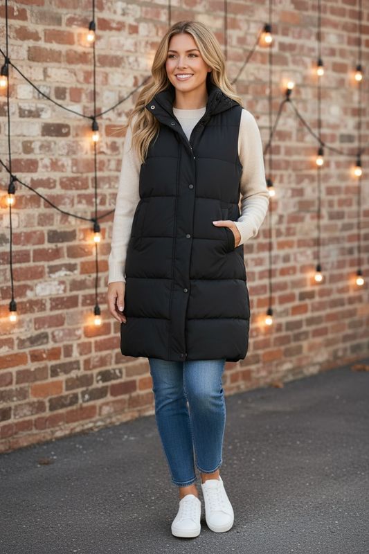 Hooded Long Quilted Puffer Vest