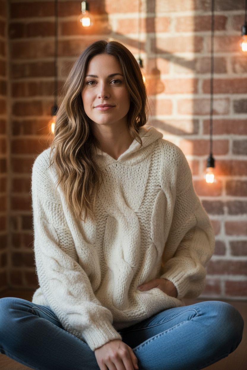 Large Cable Knit Texture Hoodie Sweater, Ivory