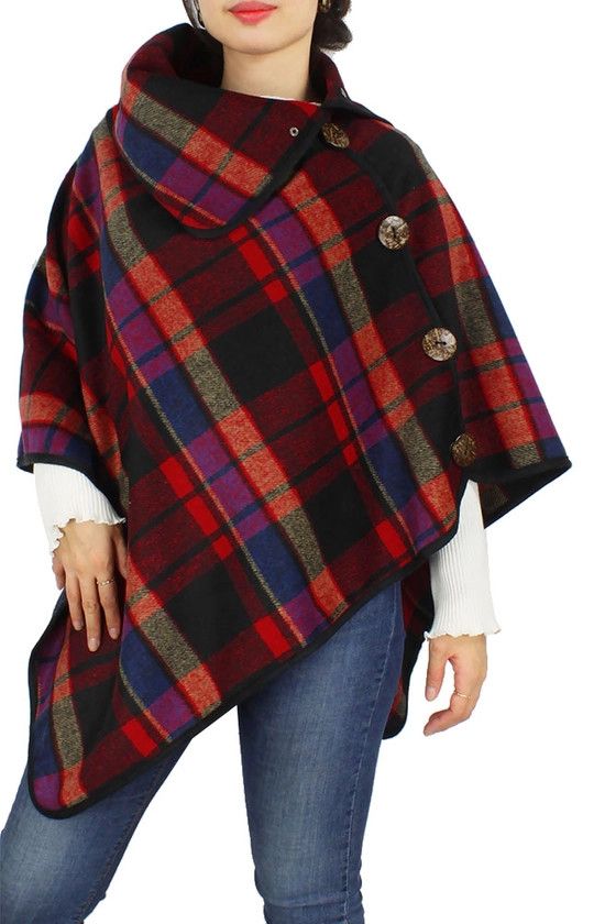 Plaid Poncho w/ Coconut Button, Color: Black