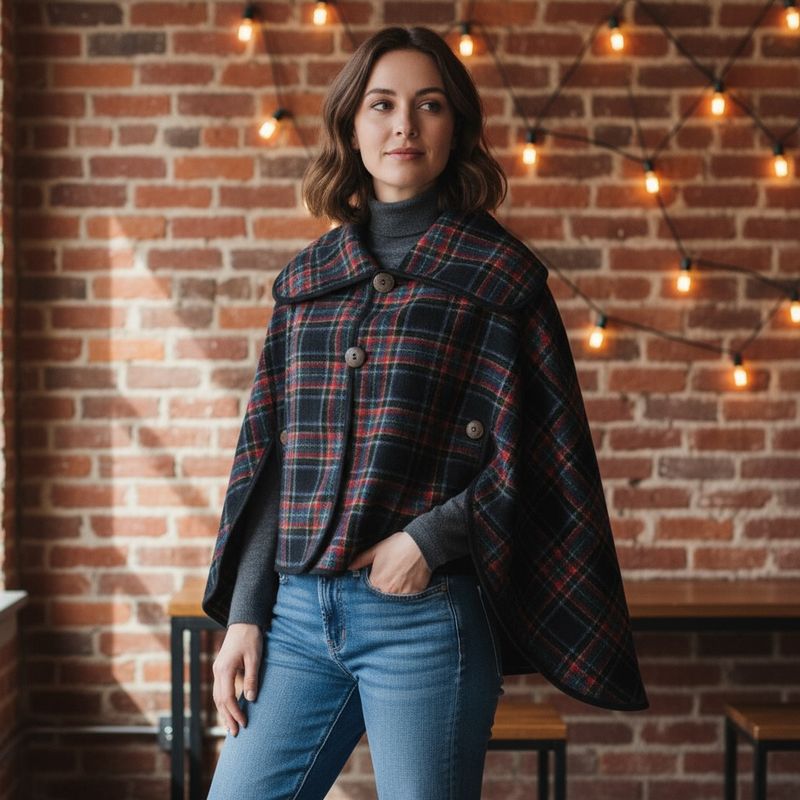 Plaid Pattern Shawl Button Poncho
