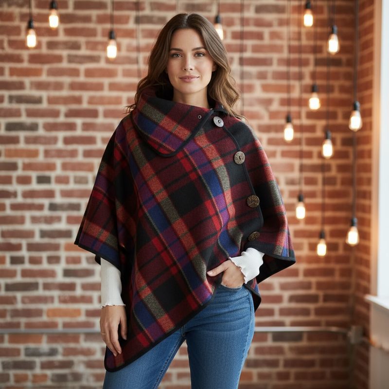Plaid Poncho w/ Coconut Button