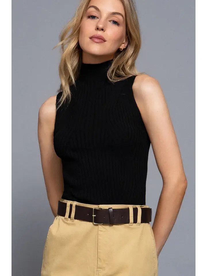 Sleeveless High Neck Rib Sweater, Color: Black, Size: S