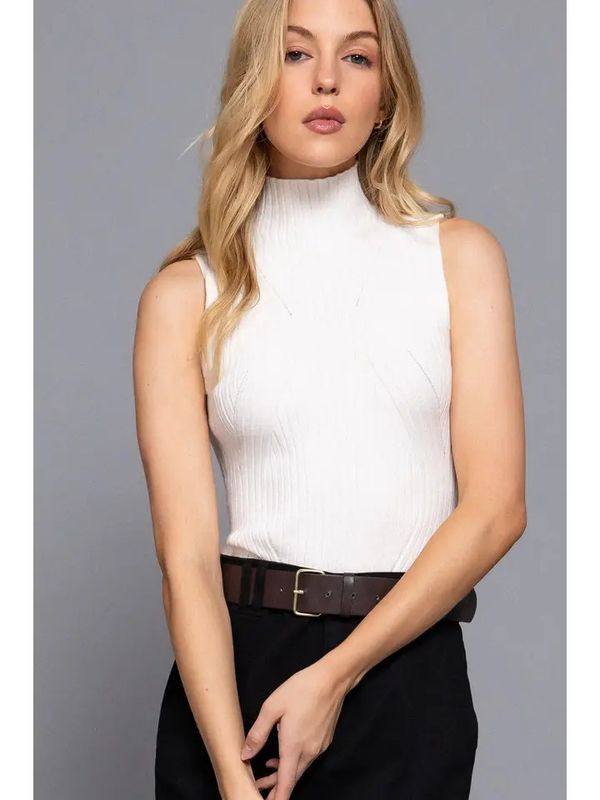 Sleeveless High Neck Rib Sweater