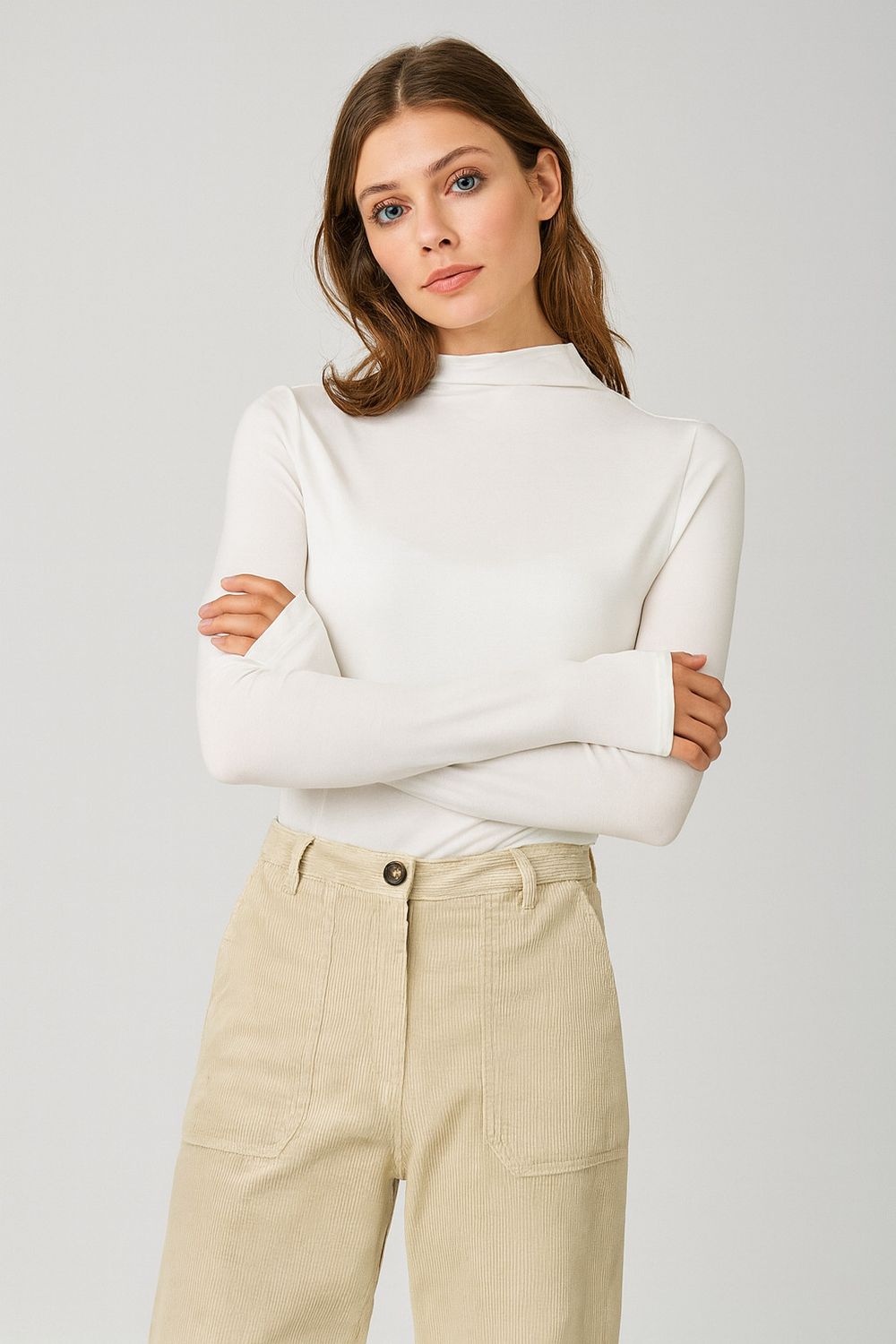 Washed Corduroy Trousers, Color: Almond, Size: S