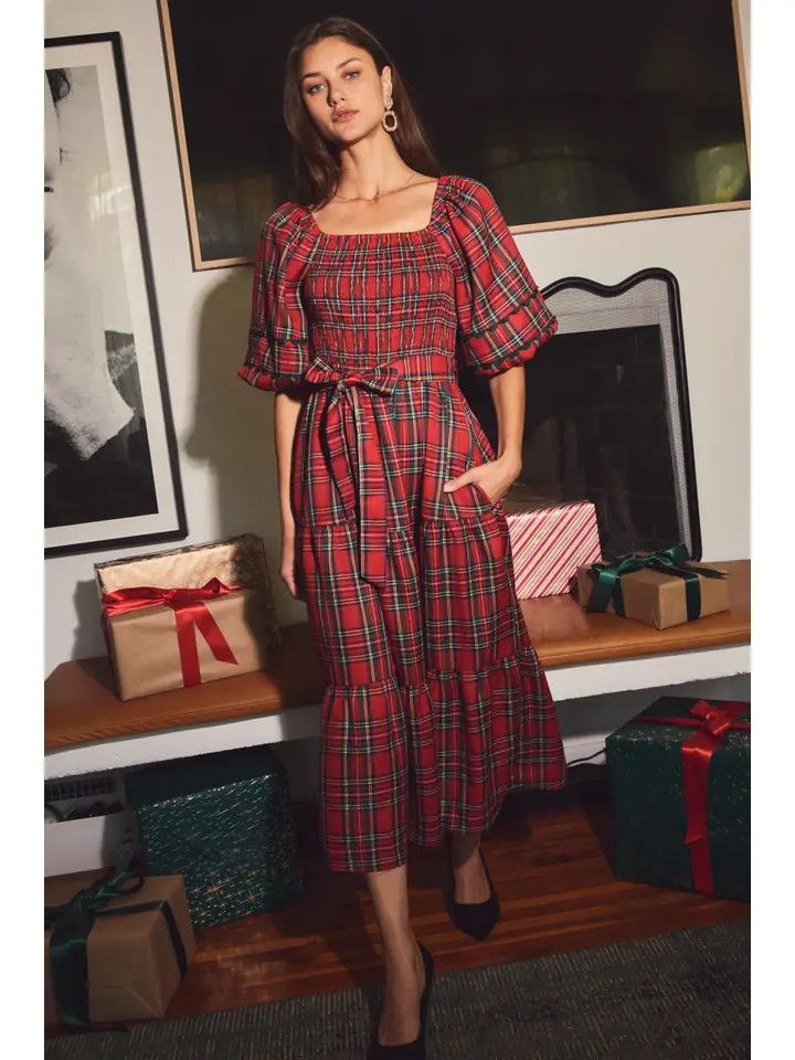 Smocked Plaid Midi Dress