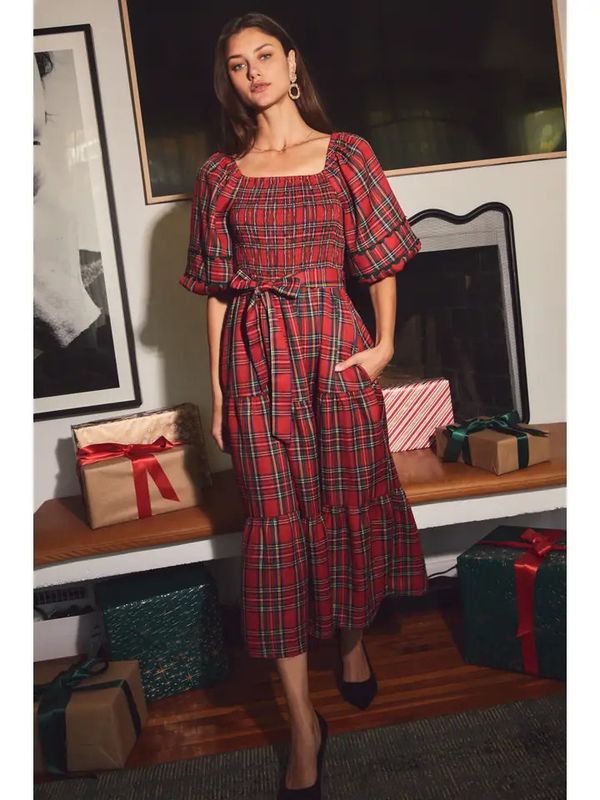 Smocked Plaid Midi Dress