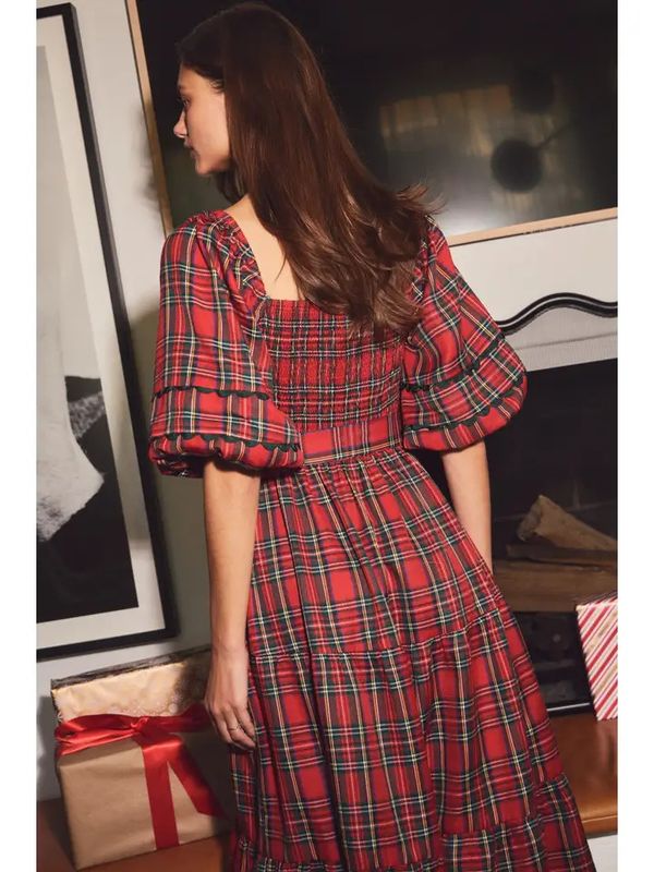 Smocked Plaid Midi Dress