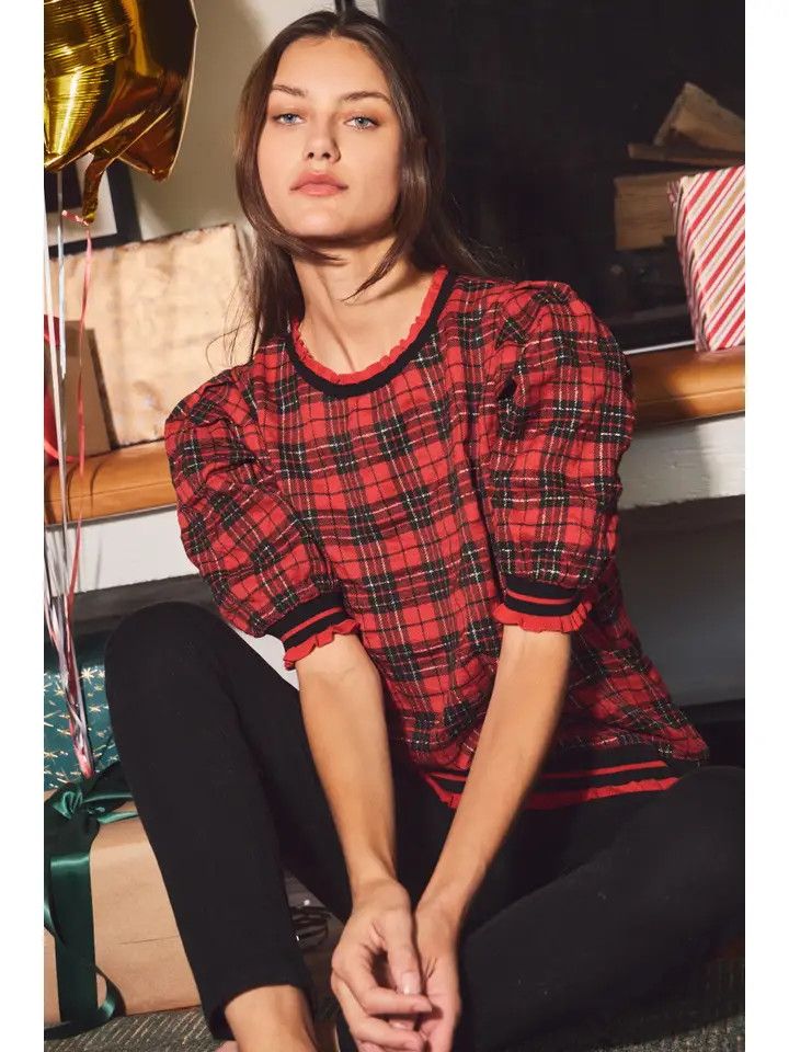 Plaid Puff Sleeve Knit Top