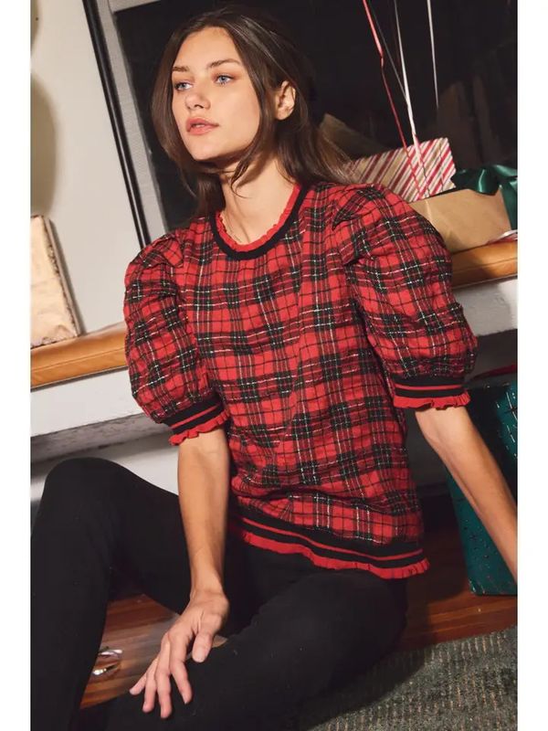 Plaid Puff Sleeve Knit Top