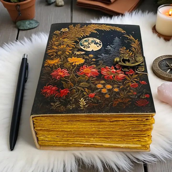 200 pg Handmade Leather Journal w/ Moon Floral