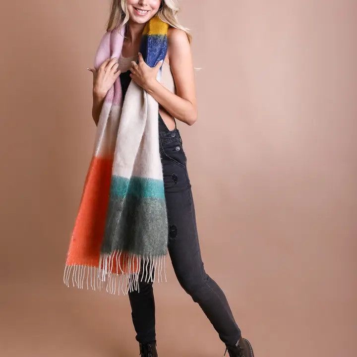 Color Block Faux Mohair Scarf, Color: Green/Orange